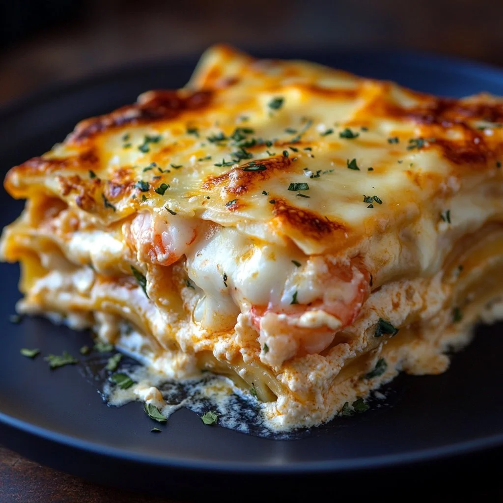 Delicious seafood lasagna with shrimp and crab toppings