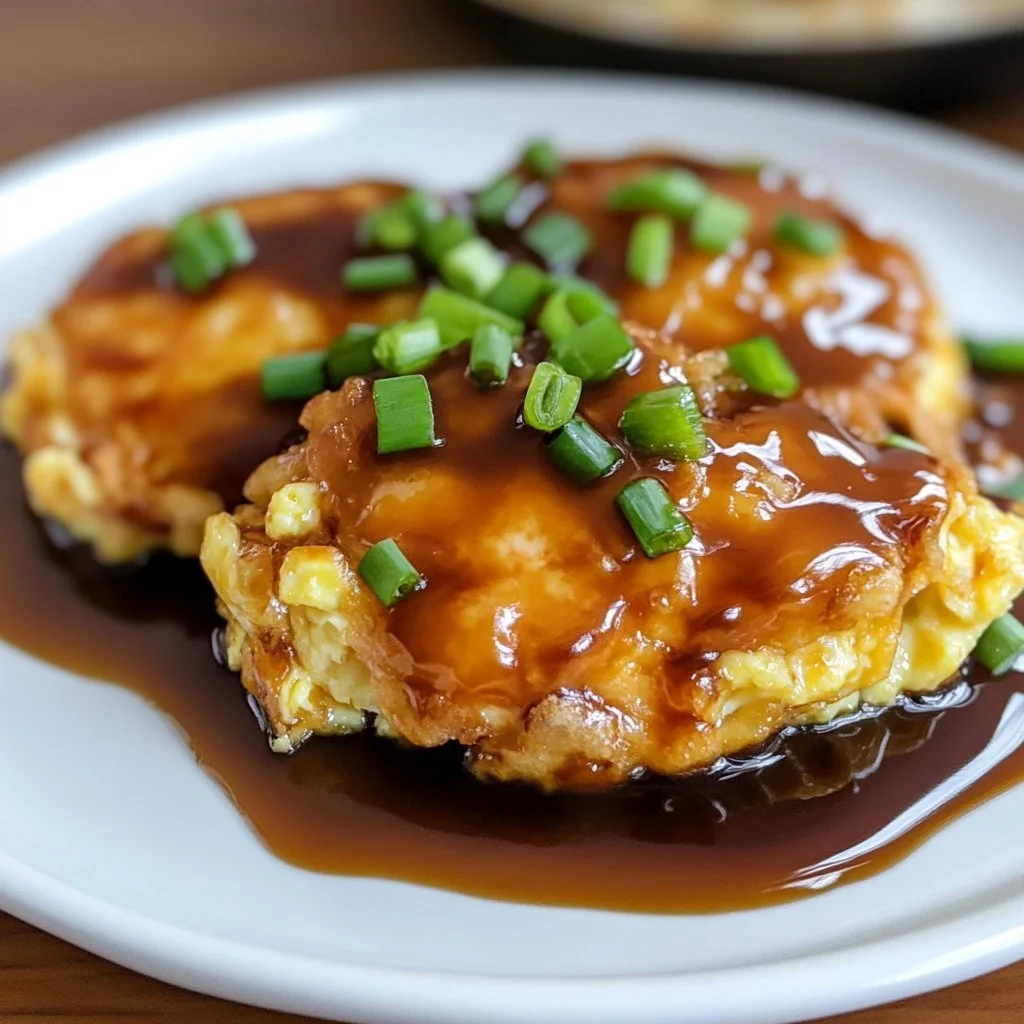 Delicious Shrimp Egg Foo Young served with a savory sauce and colorful vegetables.