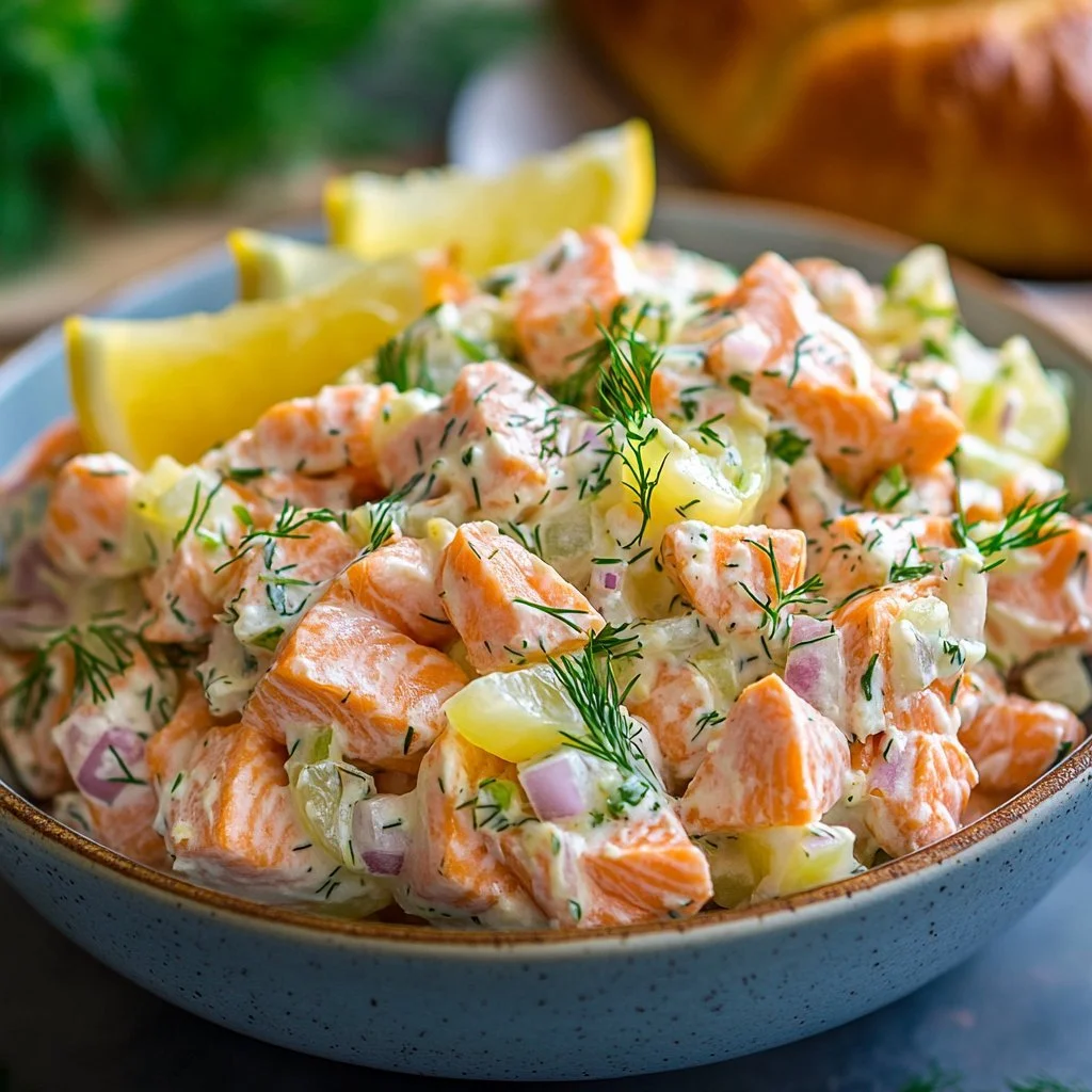 Freshly prepared easy canned salmon salad in a bowl, garnished with vegetables.