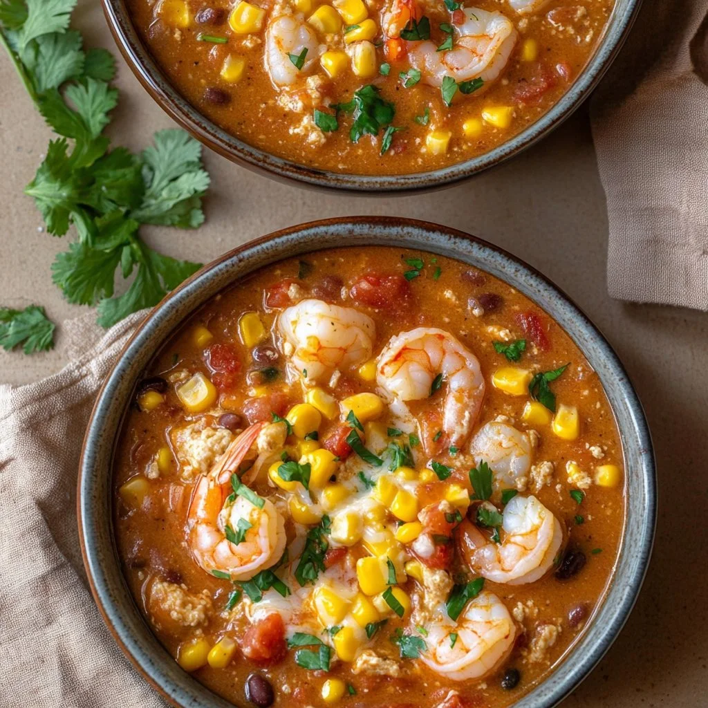 Easy creamy seafood and shrimp chili served in a bowl.