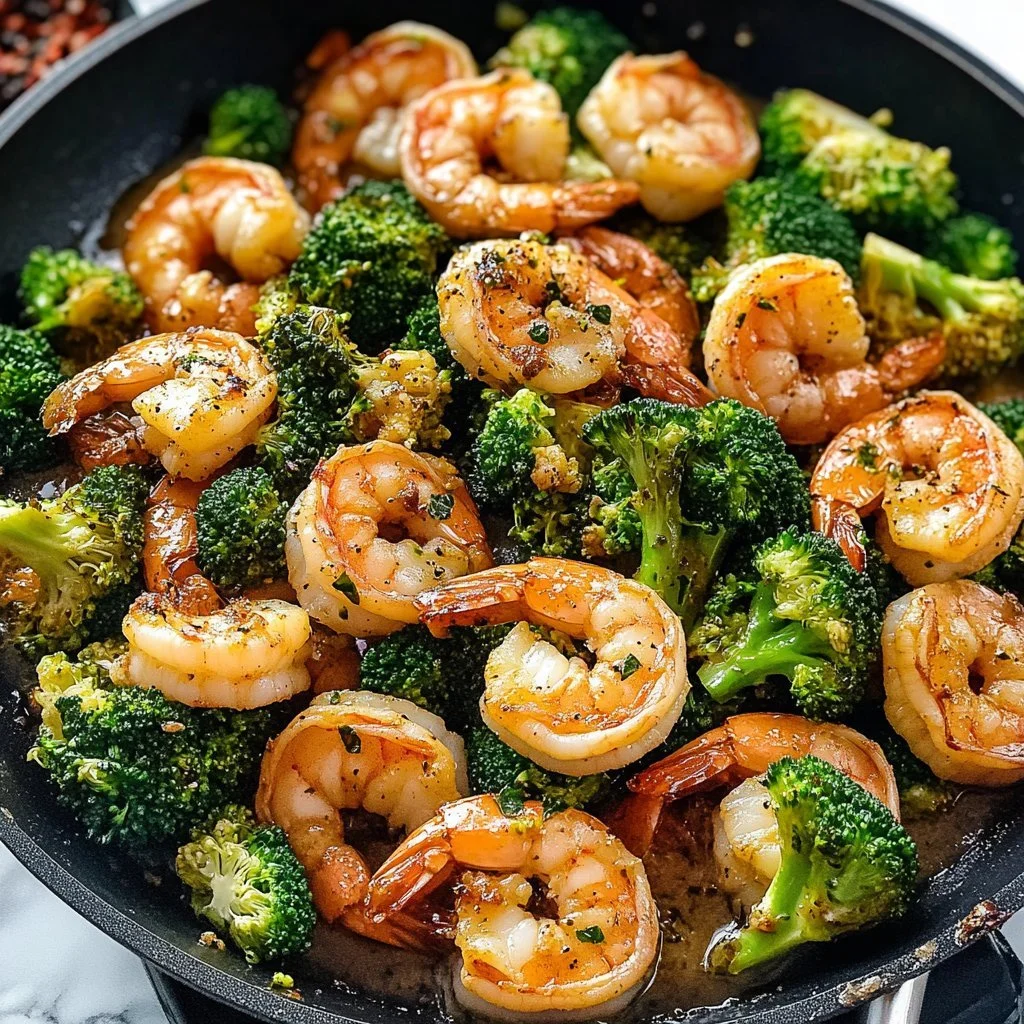 Plate of easy garlic butter shrimp and broccoli garnished with herbs
