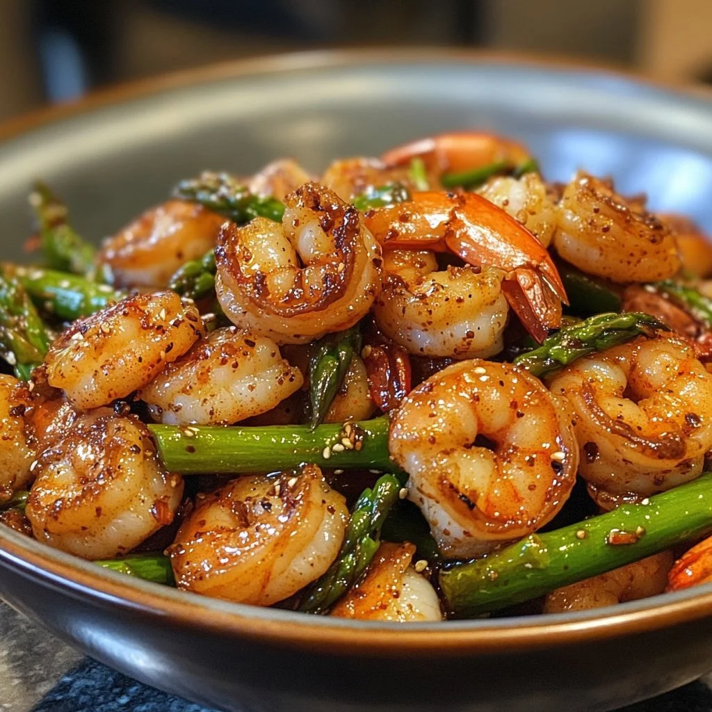 Easy and healthy shrimp stir fry with asparagus in a colorful dish