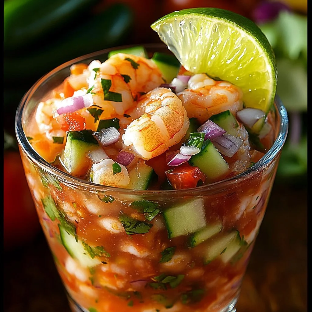 Refreshing Mexican shrimp cocktail served in a glass with lime and avocado