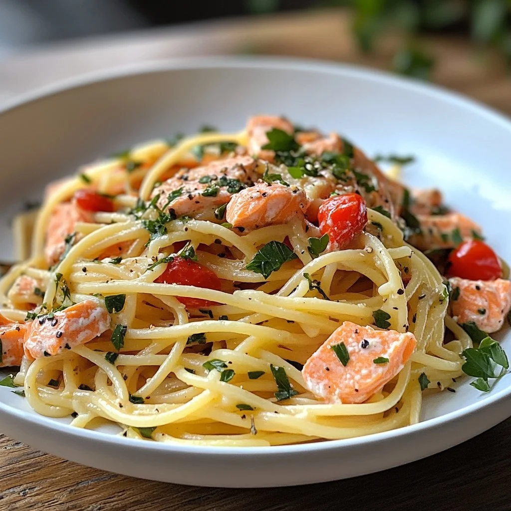 Plate of easy salmon pasta garnished with herbs and lemon slices.