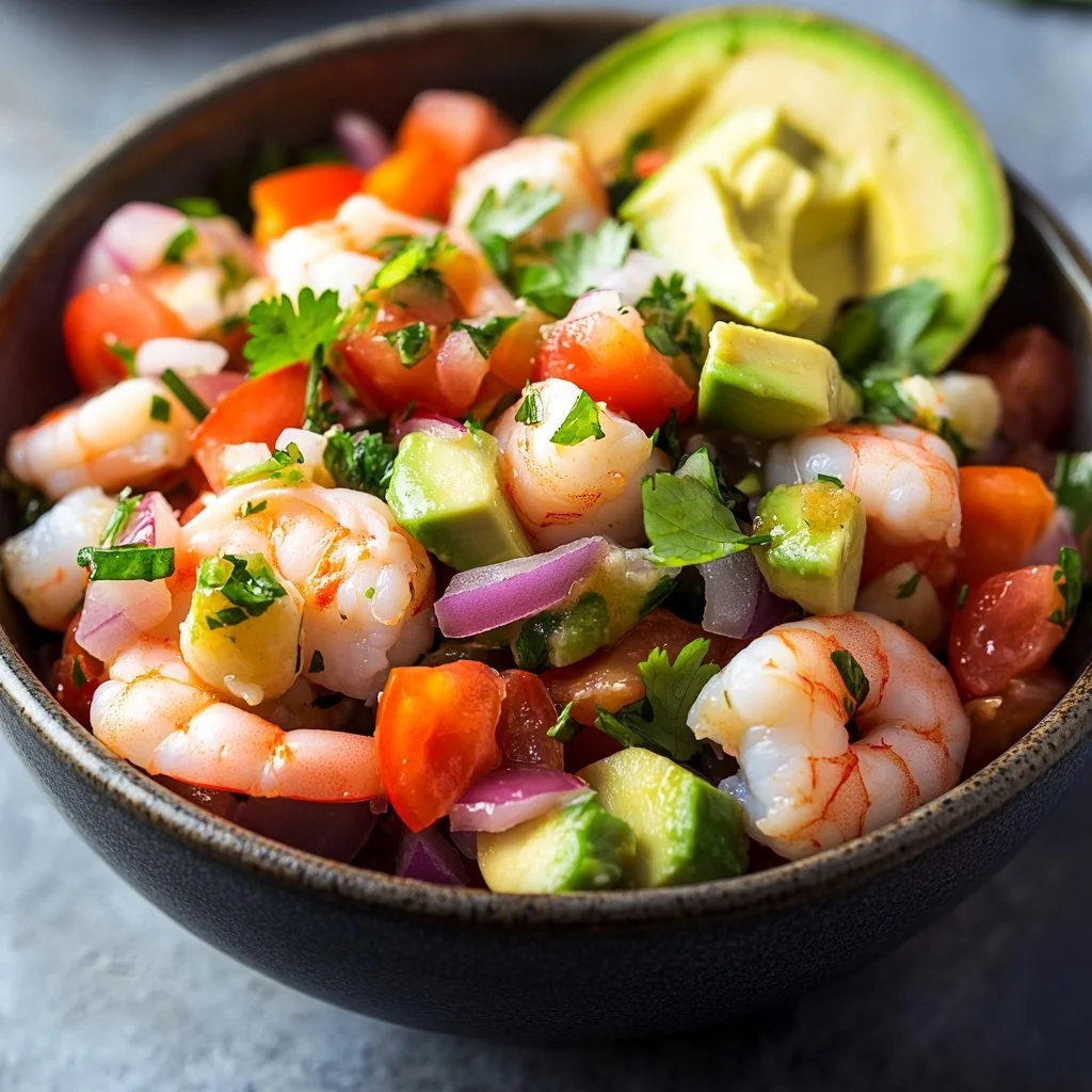 Bowl of easy shrimp ceviche with fresh ingredients and lime garnish