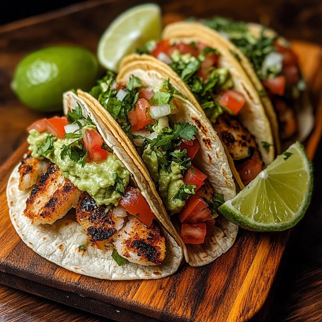 Delicious homemade fish tacos topped with fresh ingredients
