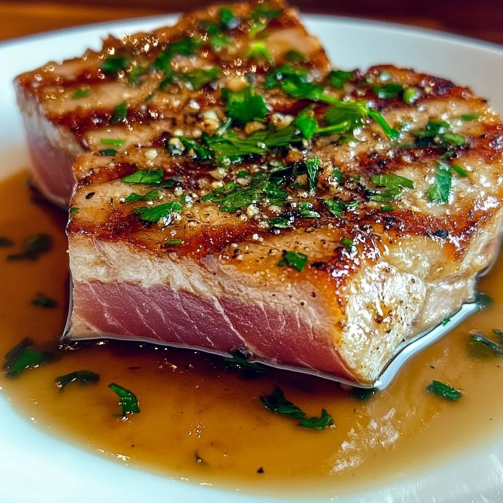 Garlic butter glazed Ahi Tuna fillet garnished with herbs.