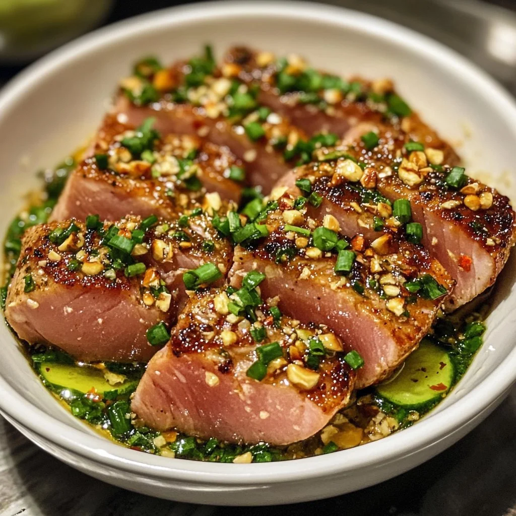 Garlic Butter Ahi Tuna dish served on a plate, showcasing cooked ahi tuna fillet.