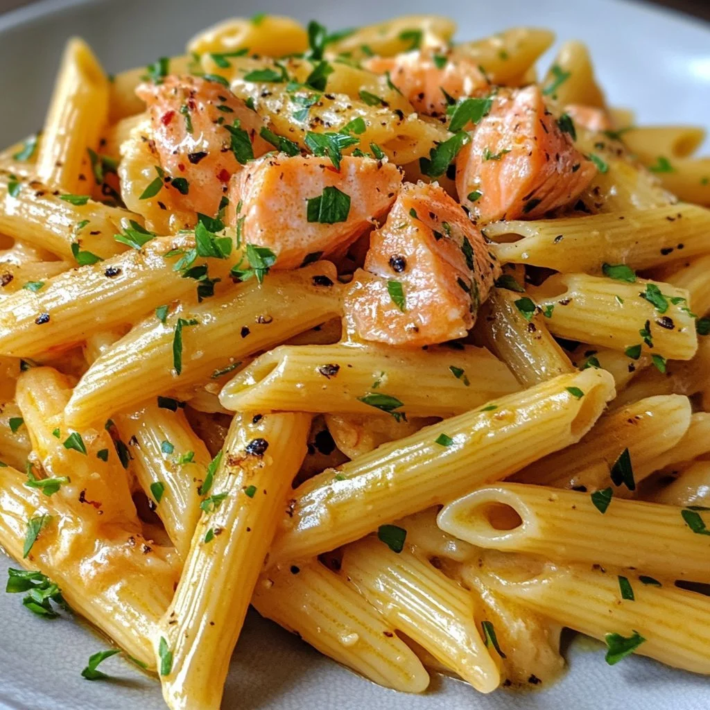 Plate of garlic butter salmon pasta garnished with herbs and lemon.