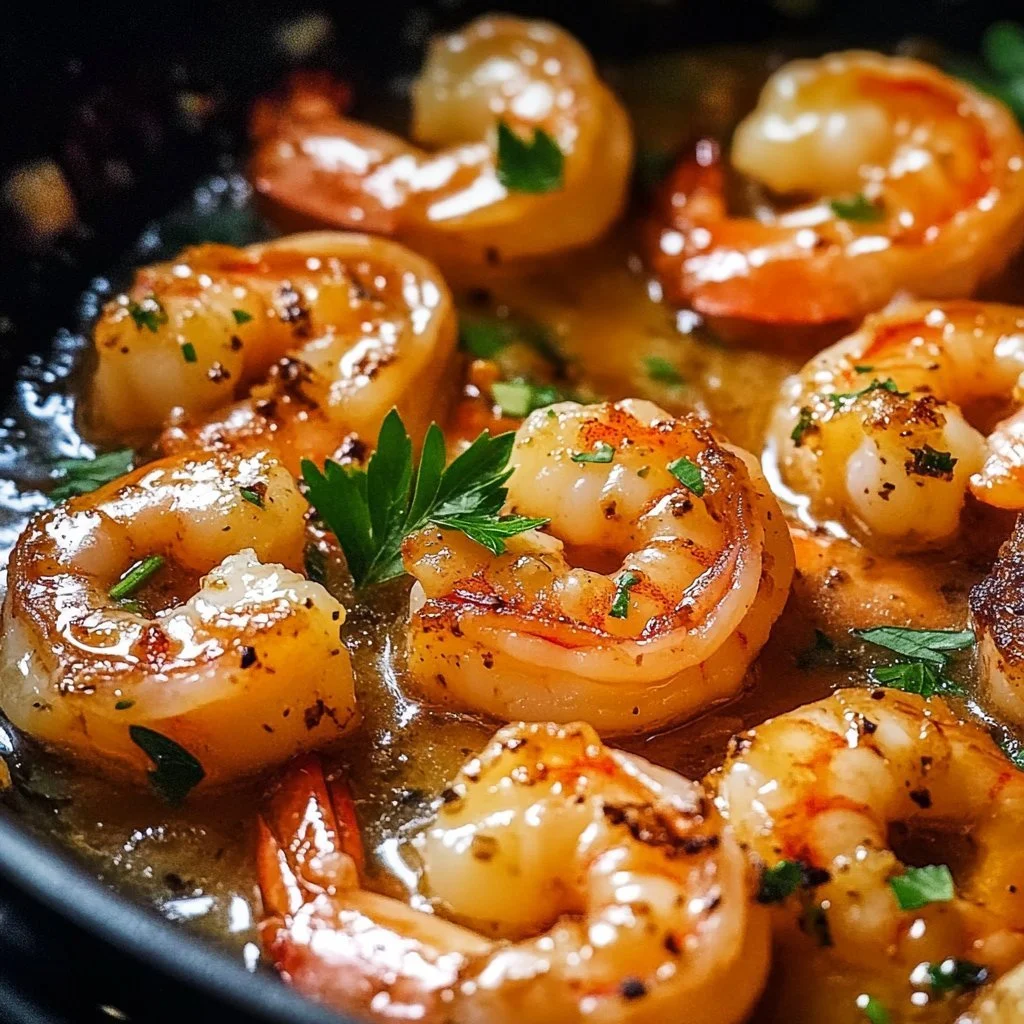 Garlic Butter Shrimp served with fresh herbs on a plate