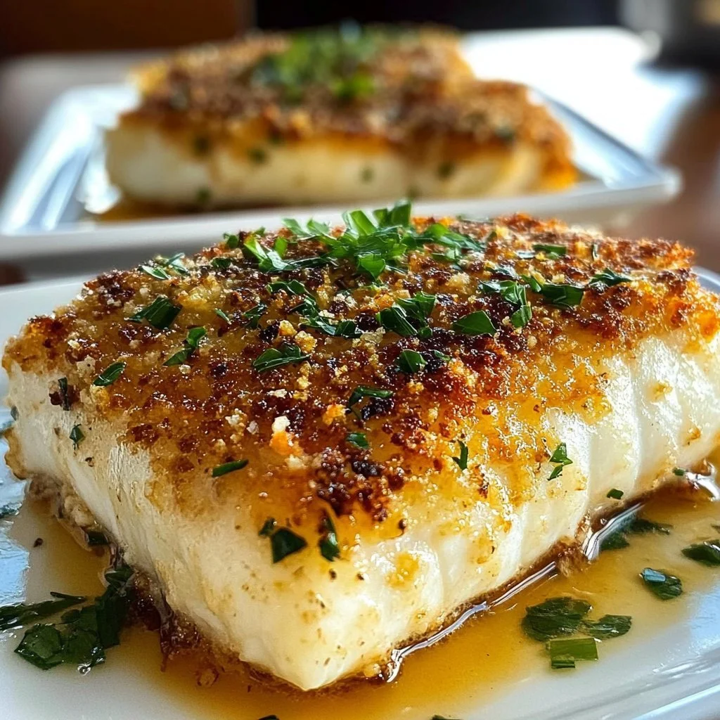 Garlic Parmesan Crusted Halibut served on a plate with herbs and lemon