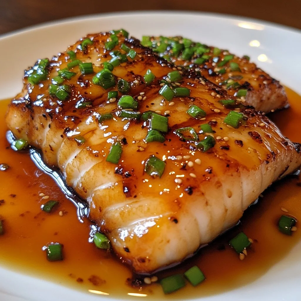 Delicious Ginger Soy Glazed Cod served on a plate with garnish.