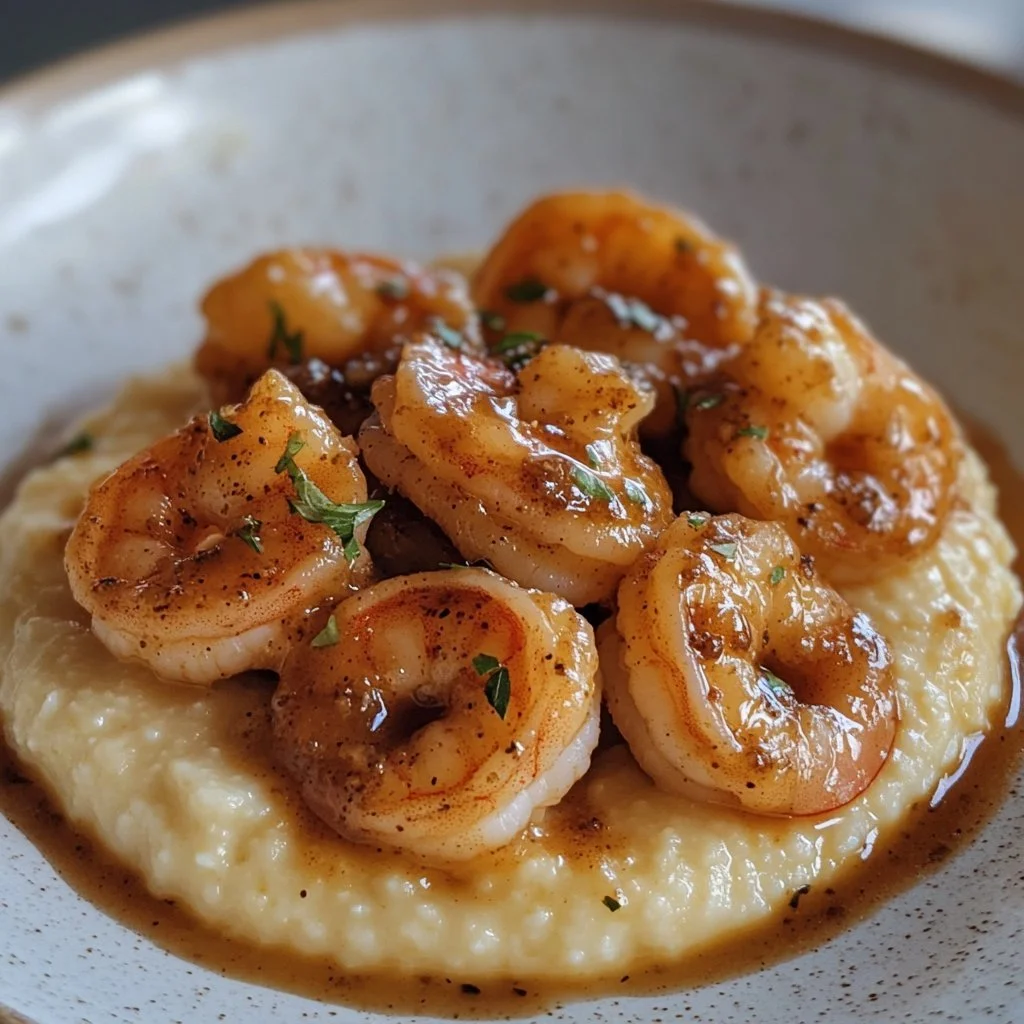 Gouda grits topped with smoky brown butter shrimp in a delightful dish.