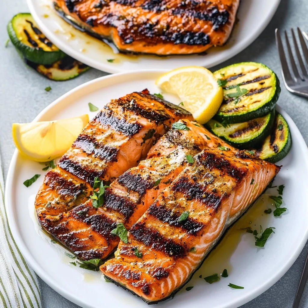 Perfectly grilled salmon fillet on a plate garnished with herbs and lemon.