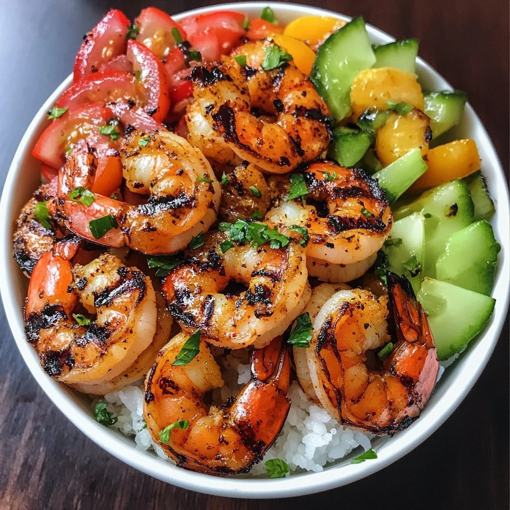 Delicious grilled shrimp bowl topped with fresh vegetables and herbs