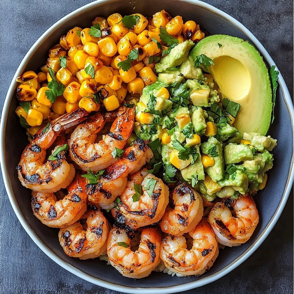 Delicious grilled shrimp bowl with avocado and corn salsa