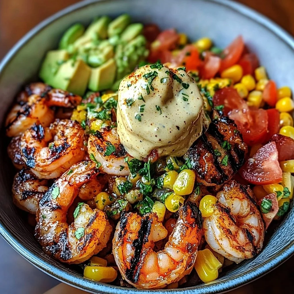 Grilled shrimp bowl with avocado, corn salsa, and creamy garlic sauce