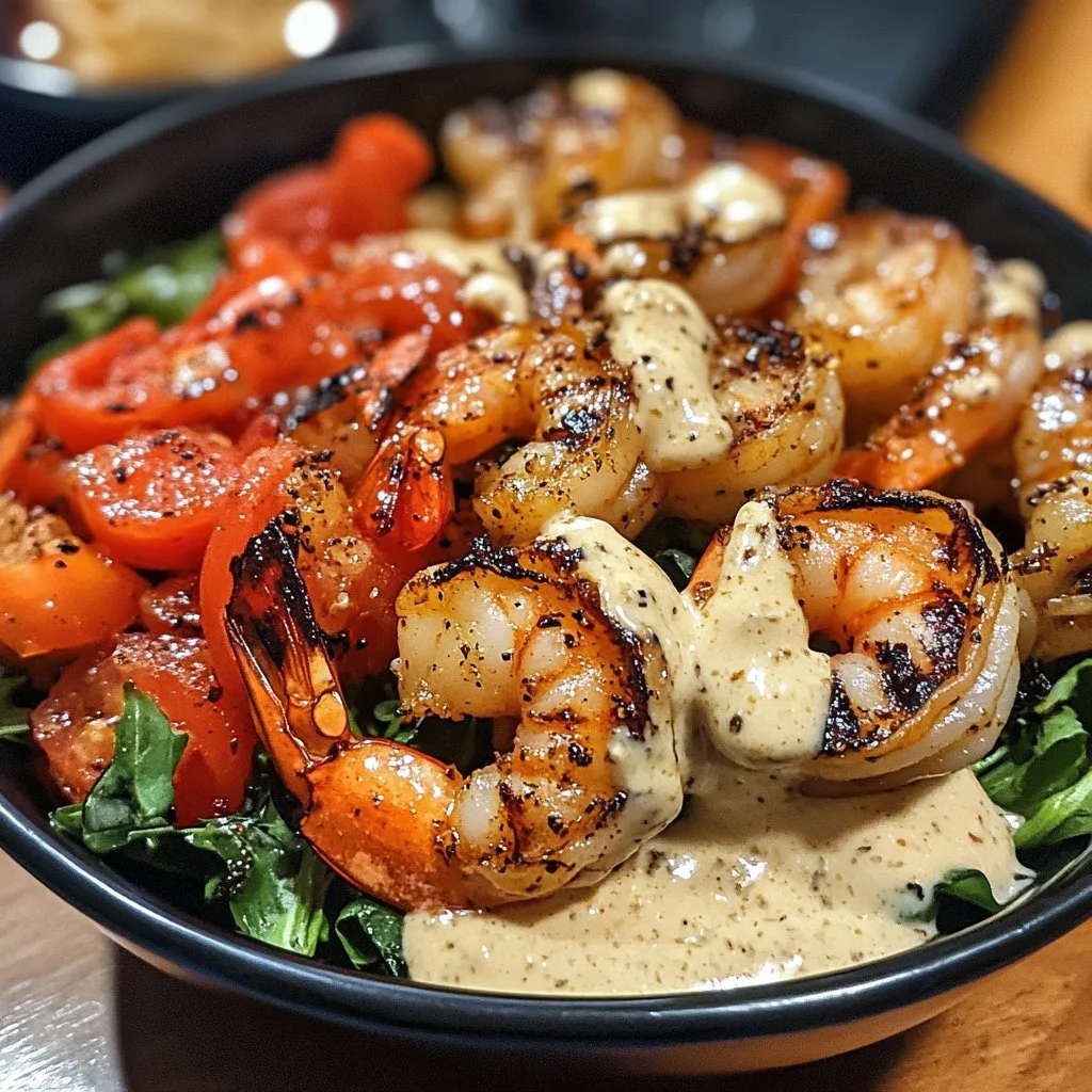 Grilled shrimp bowl served with creamy garlic sauce and fresh vegetables