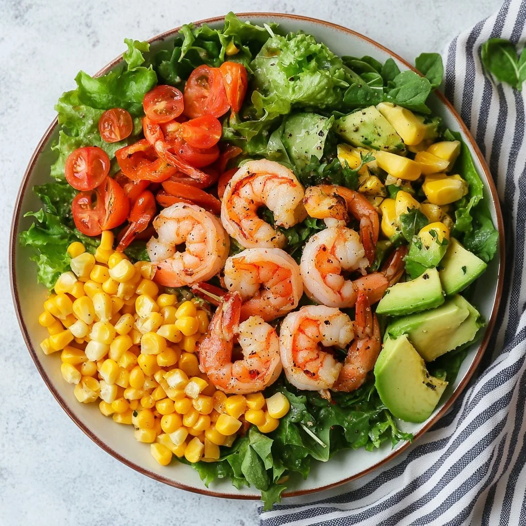 Delicious grilled shrimp summer salad with fresh vegetables.