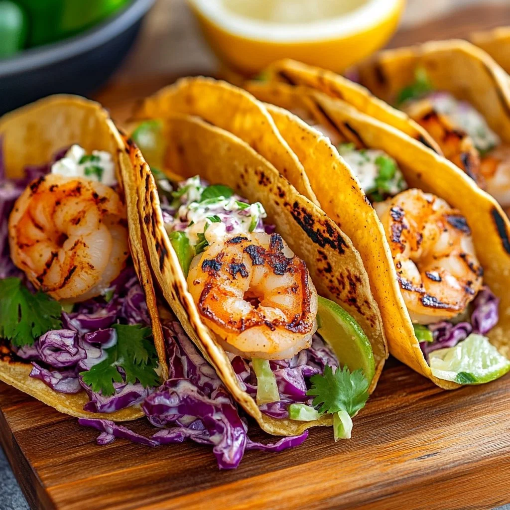 Delicious grilled shrimp tacos topped with vibrant cabbage slaw