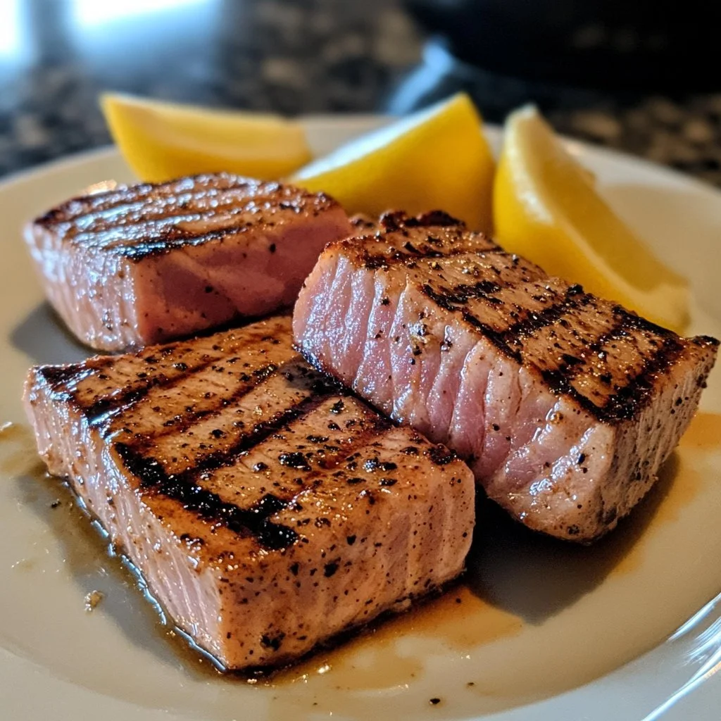 Grilled tuna steak served with fresh vegetables and herbs