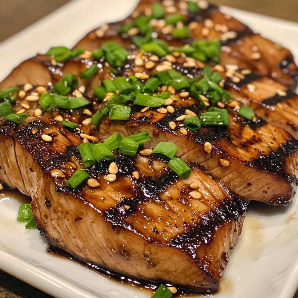 Delicious grilled tuna steaks teriyaki served with a savory glaze and garnishes