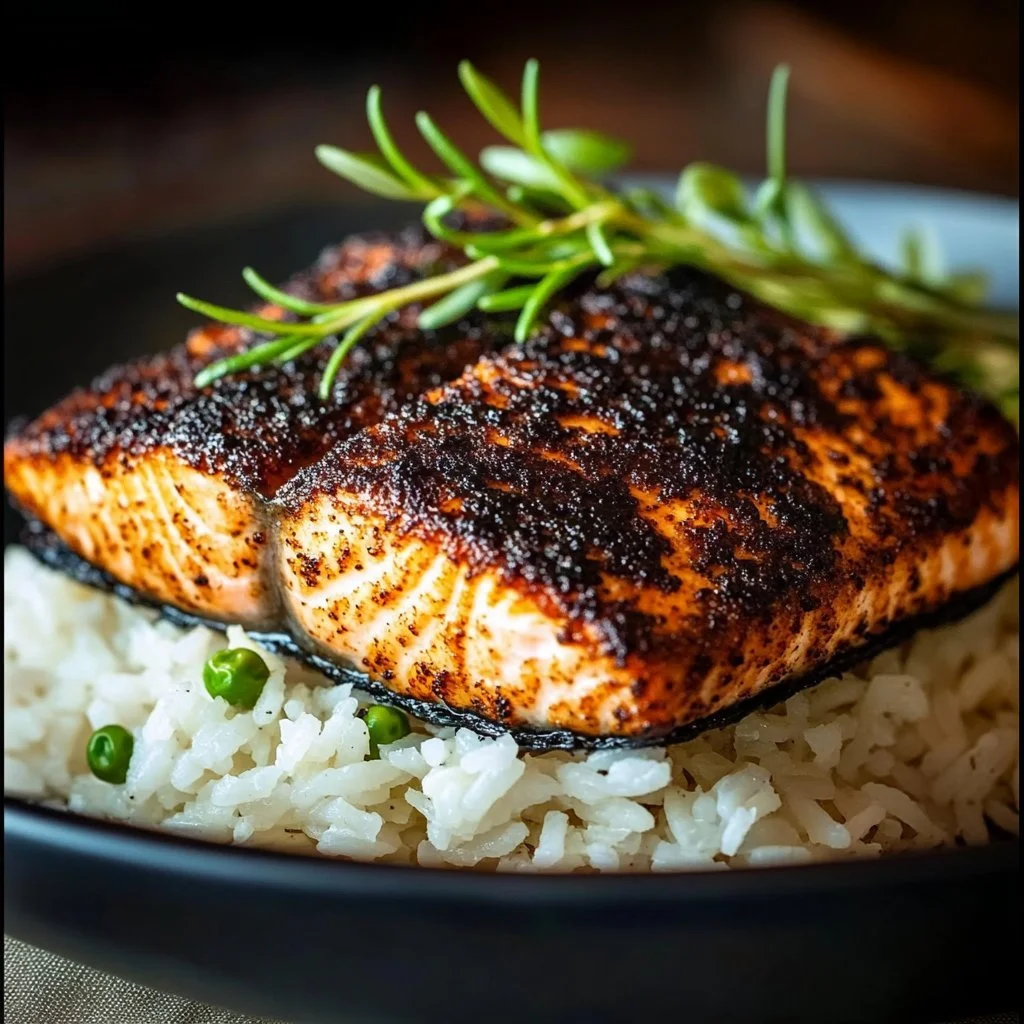 Plate of healthy blackened salmon garnished with herbs and lemon