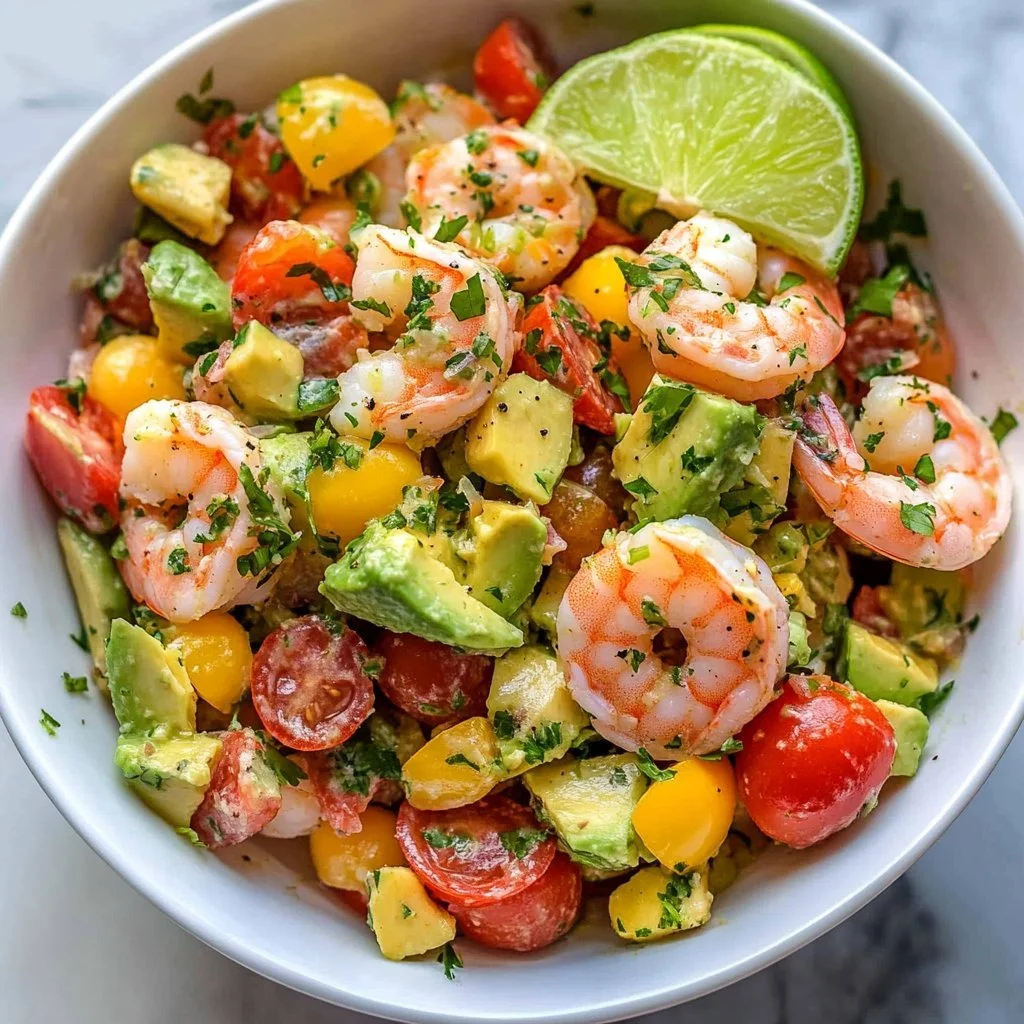 Healthy shrimp avocado salad with fresh vegetables and lime dressing