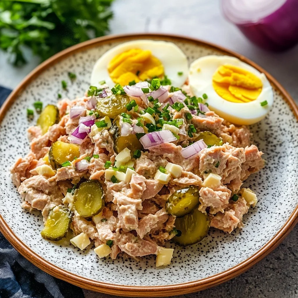 Bowl of healthy tuna egg salad with fresh ingredients and spices
