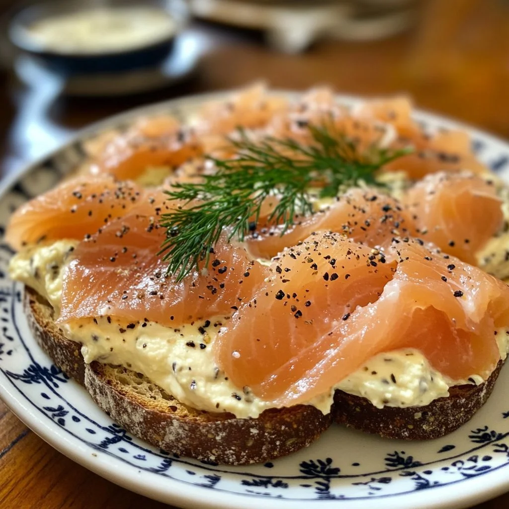 Delicious smoked salmon spread recipe by Ina Garten served on crackers.