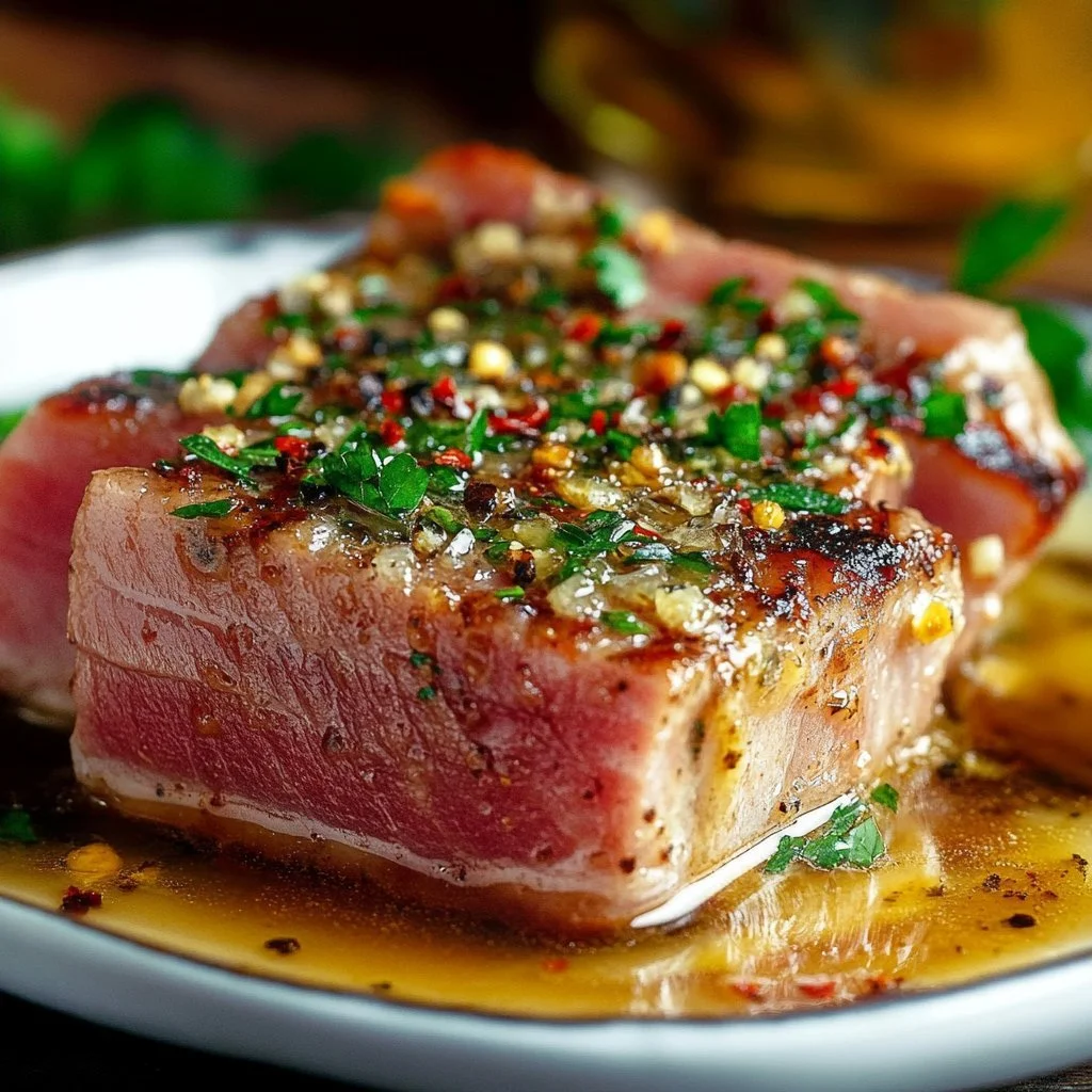 Delicious garlic butter ahi tuna served with garnishes on a plate