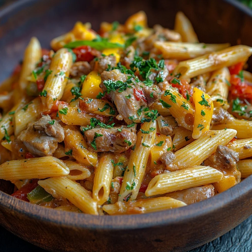 A vibrant plate of Jamaican Rasta Pasta with fresh vegetables and herbs