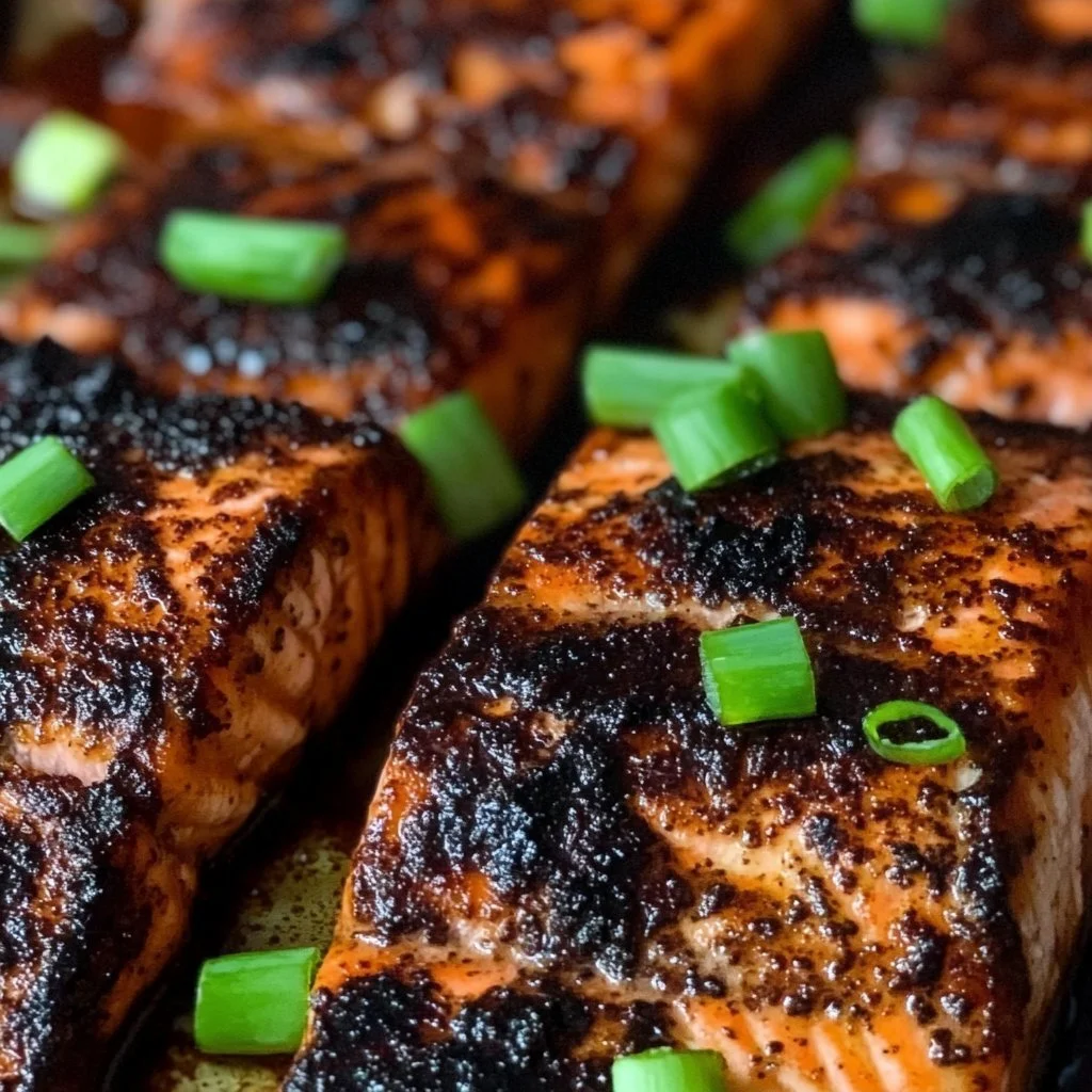 Jerk blackened salmon served with vibrant vegetables and spices