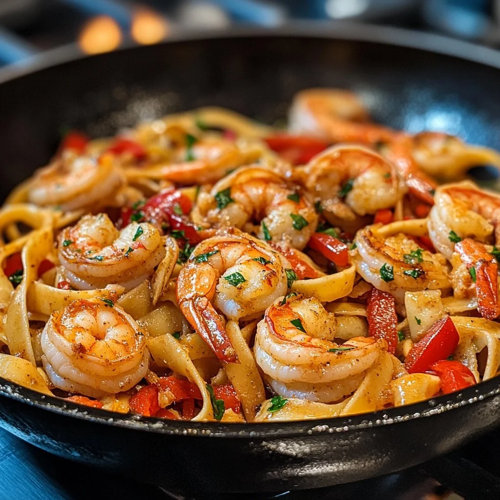 Creamy Jerk Shrimp Fettuccine with colorful vegetables and spices.