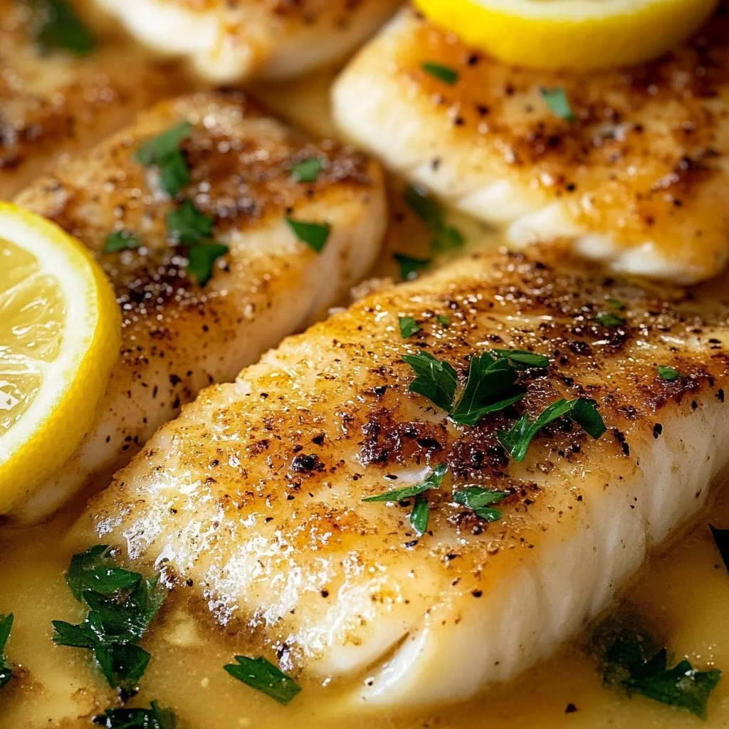 Delicious Lemon Butter Fish Fillet served with fresh herbs and lemon slices