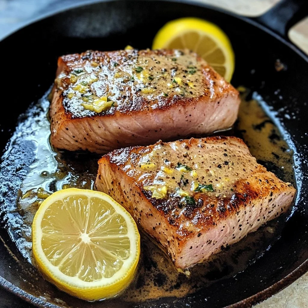 Delicious lemon dijon cream sauce drizzled over grilled tuna steaks