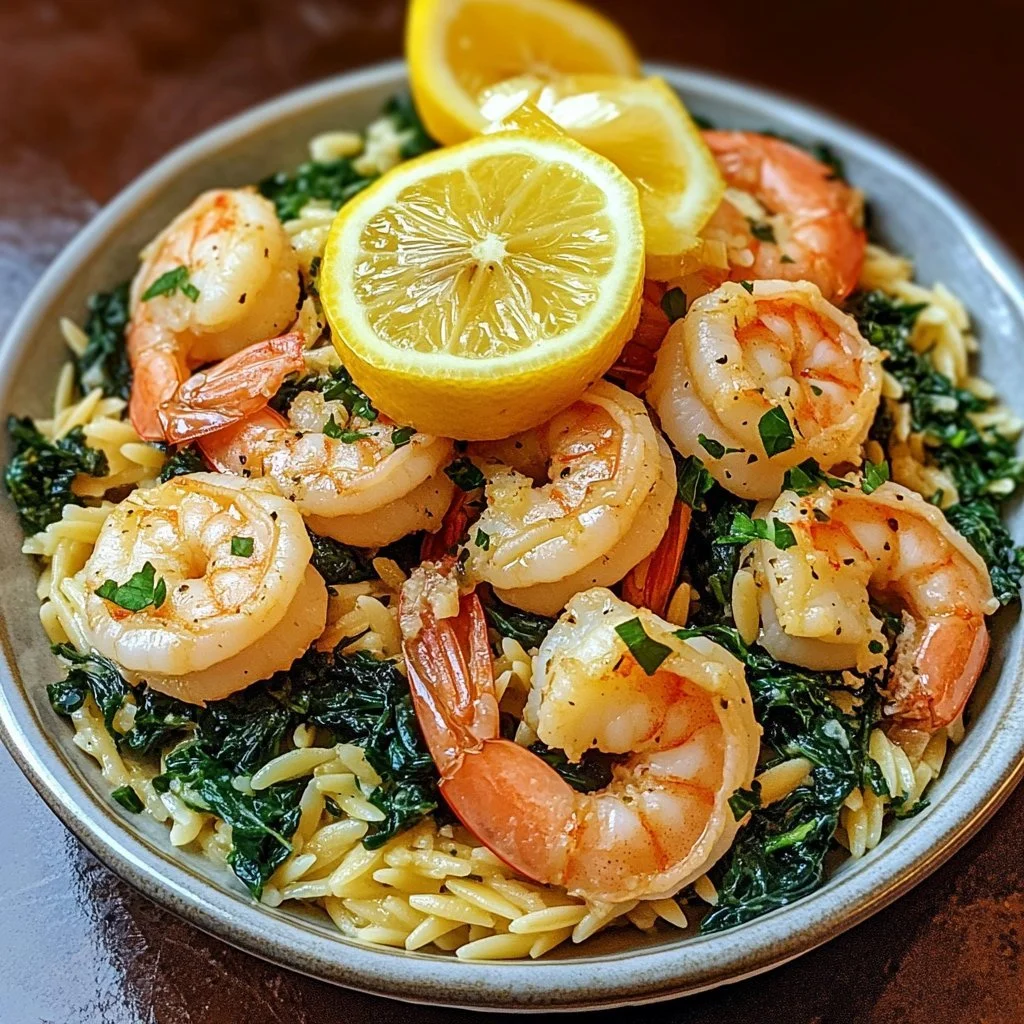 Plate of Lemon Garlic Shrimp served with Spinach Orzo
