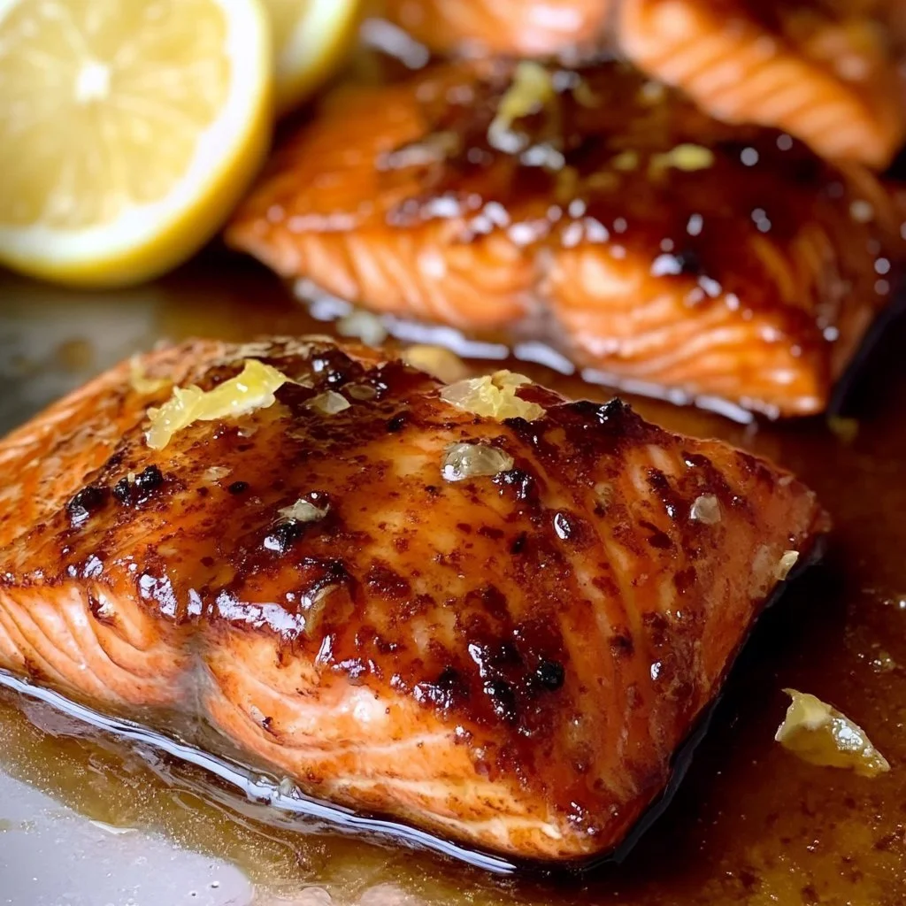 Delicious lemon honey glazed salmon on a plate garnished with herbs.