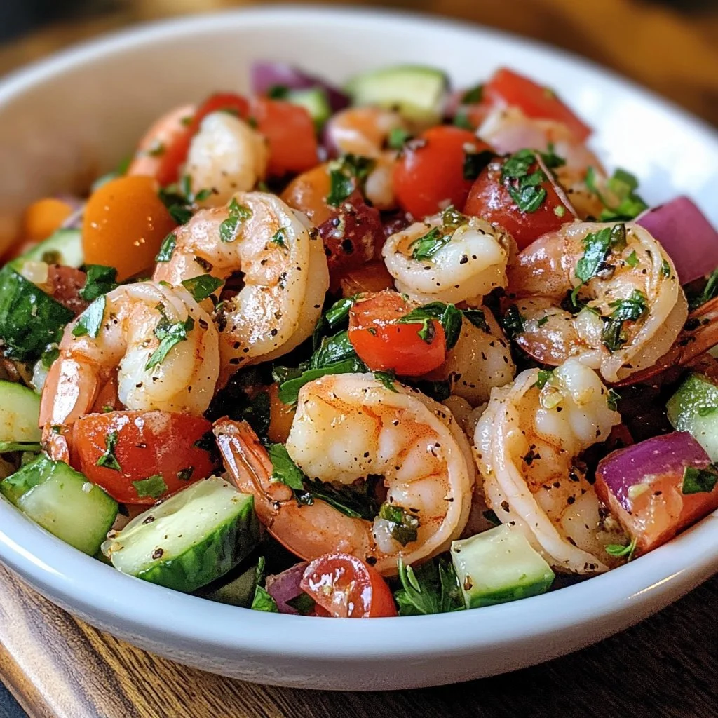 Mediterranean Keto Shrimp Salad with fresh ingredients and a zesty dressing