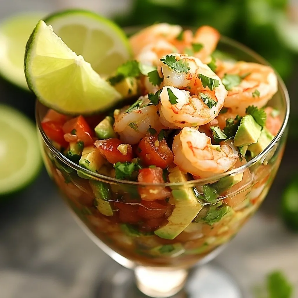 Delicious Mexican shrimp cocktail with avocado and lime served in a glass.