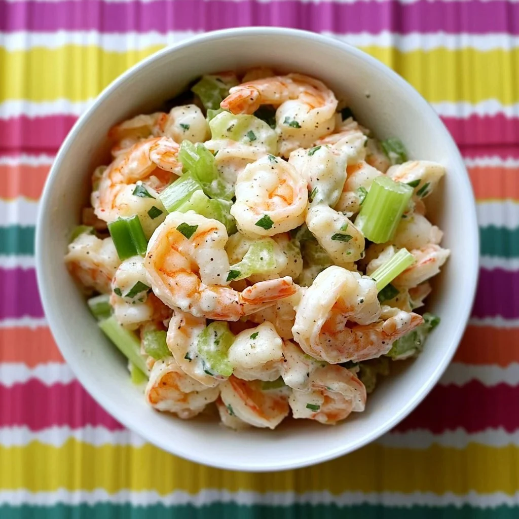 Tasty Old Bay Shrimp Salad served in a bowl with fresh herbs and vegetables