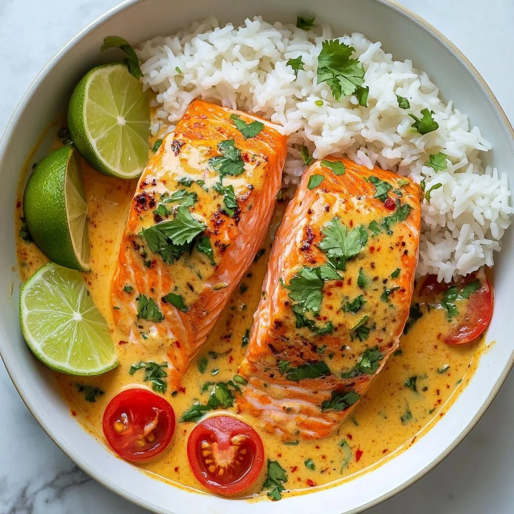 One-Pan Coconut Curry Salmon with Garlic Butter served in a skillet
