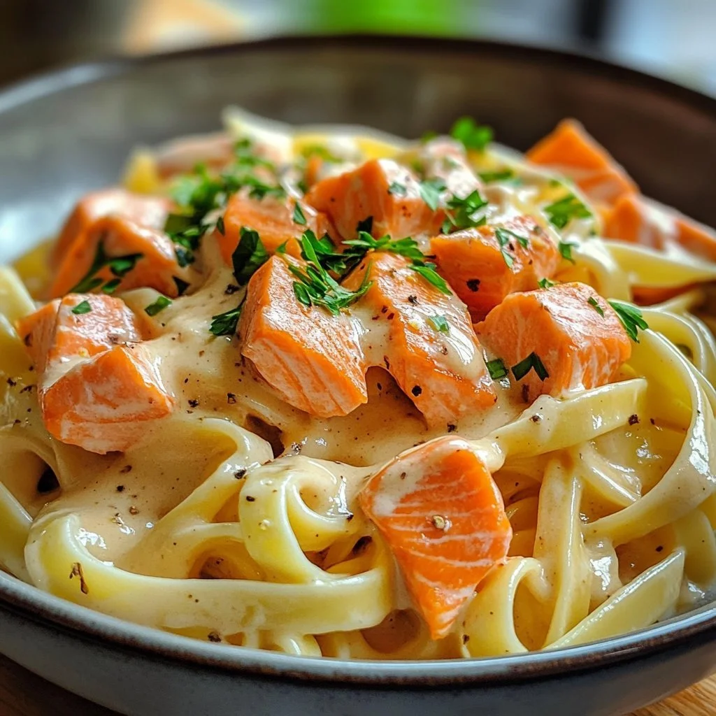Delicious one pot creamy salmon pasta served in a bowl with fresh herbs and lemon.