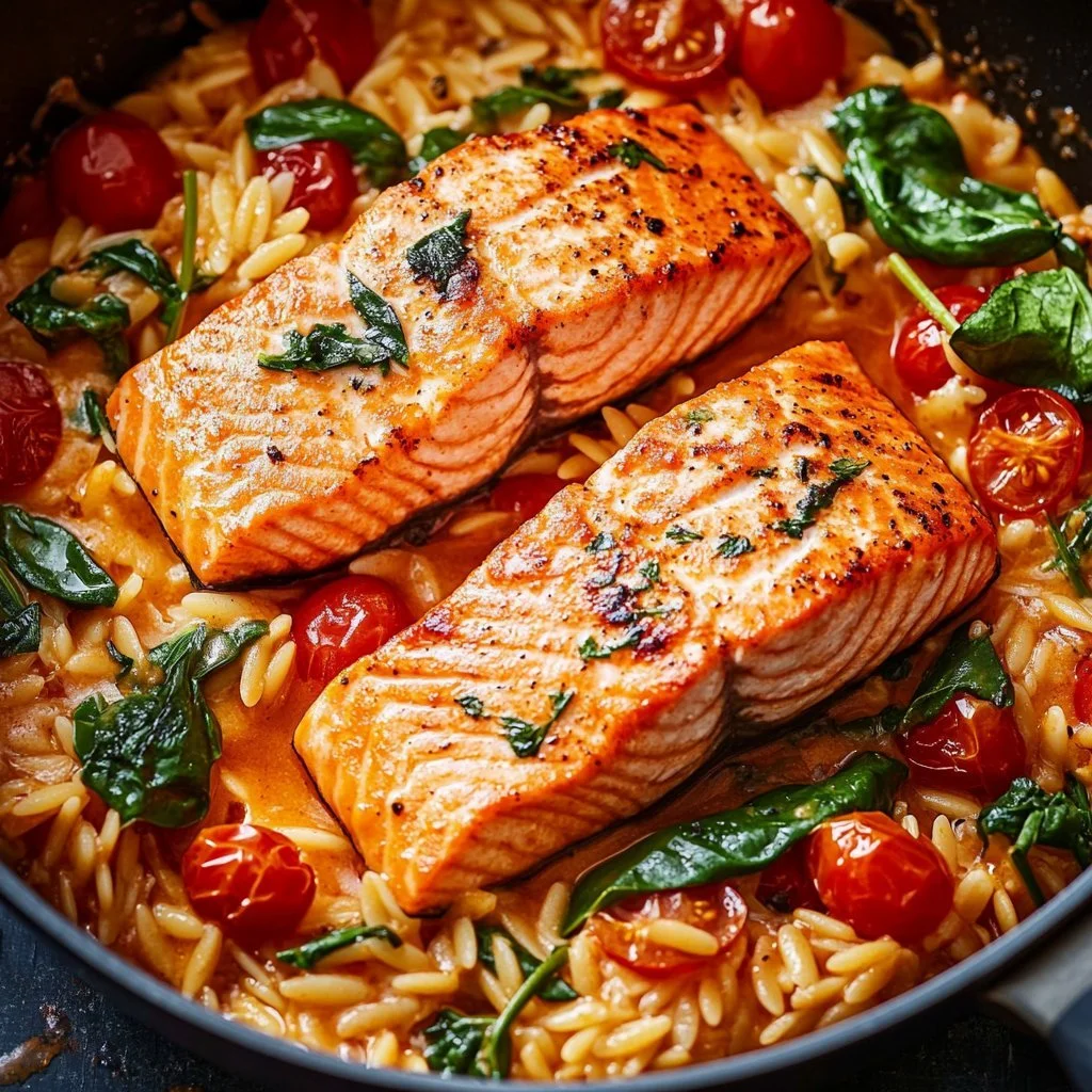 One Pot Salmon Creamy Tomato Orzo dish served in a bowl