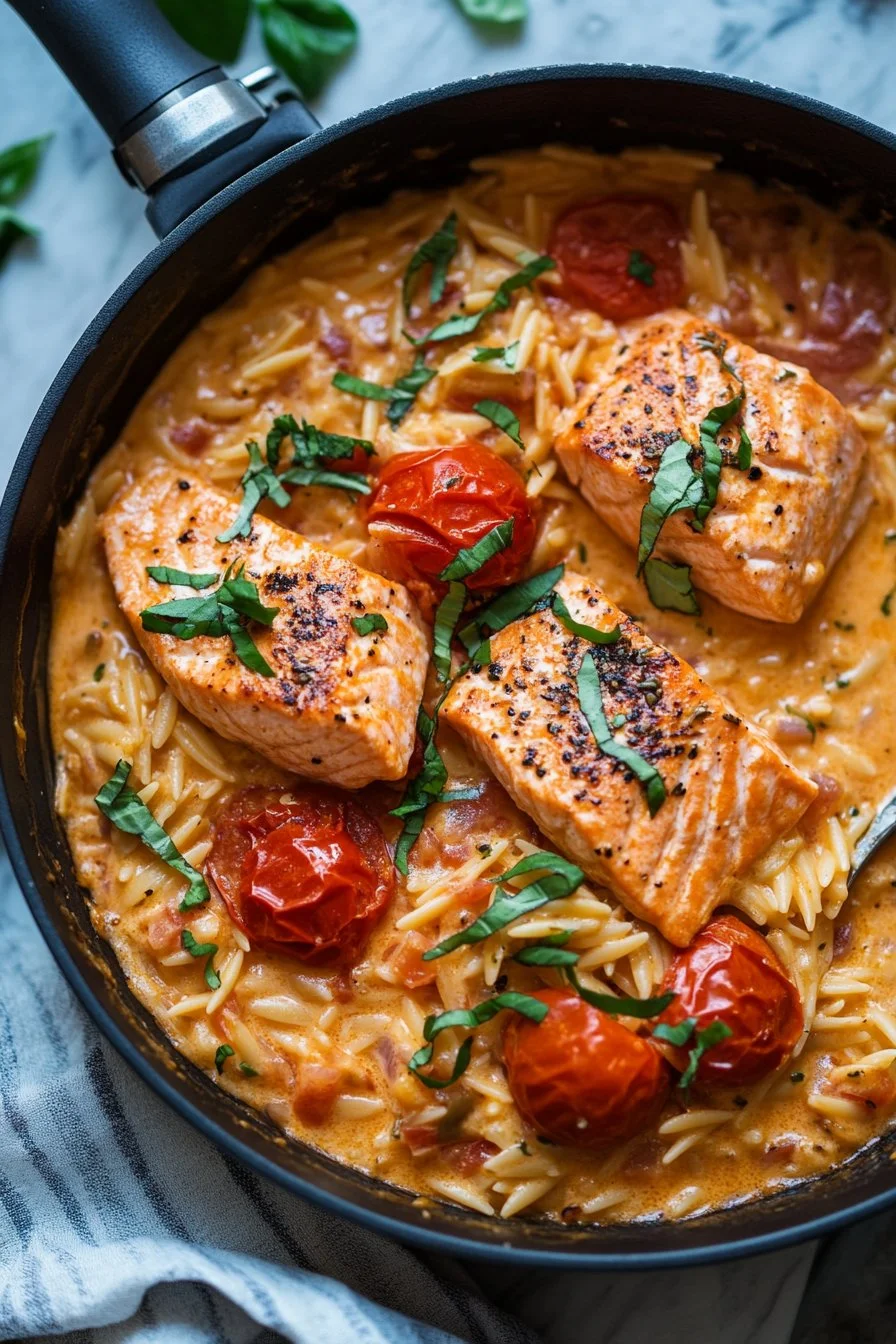 One Pot Salmon Creamy Tomato Orzo