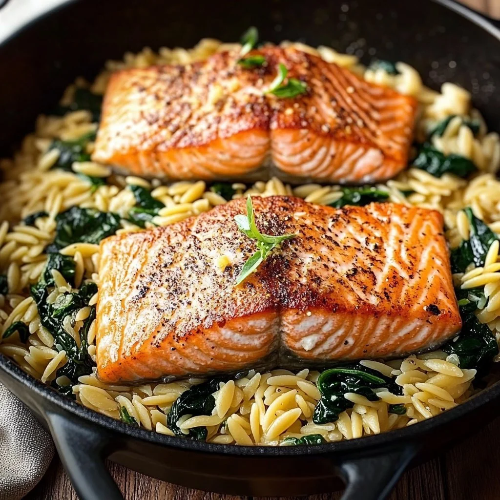 One Skillet Salmon served with Lemon Orzo on a plate