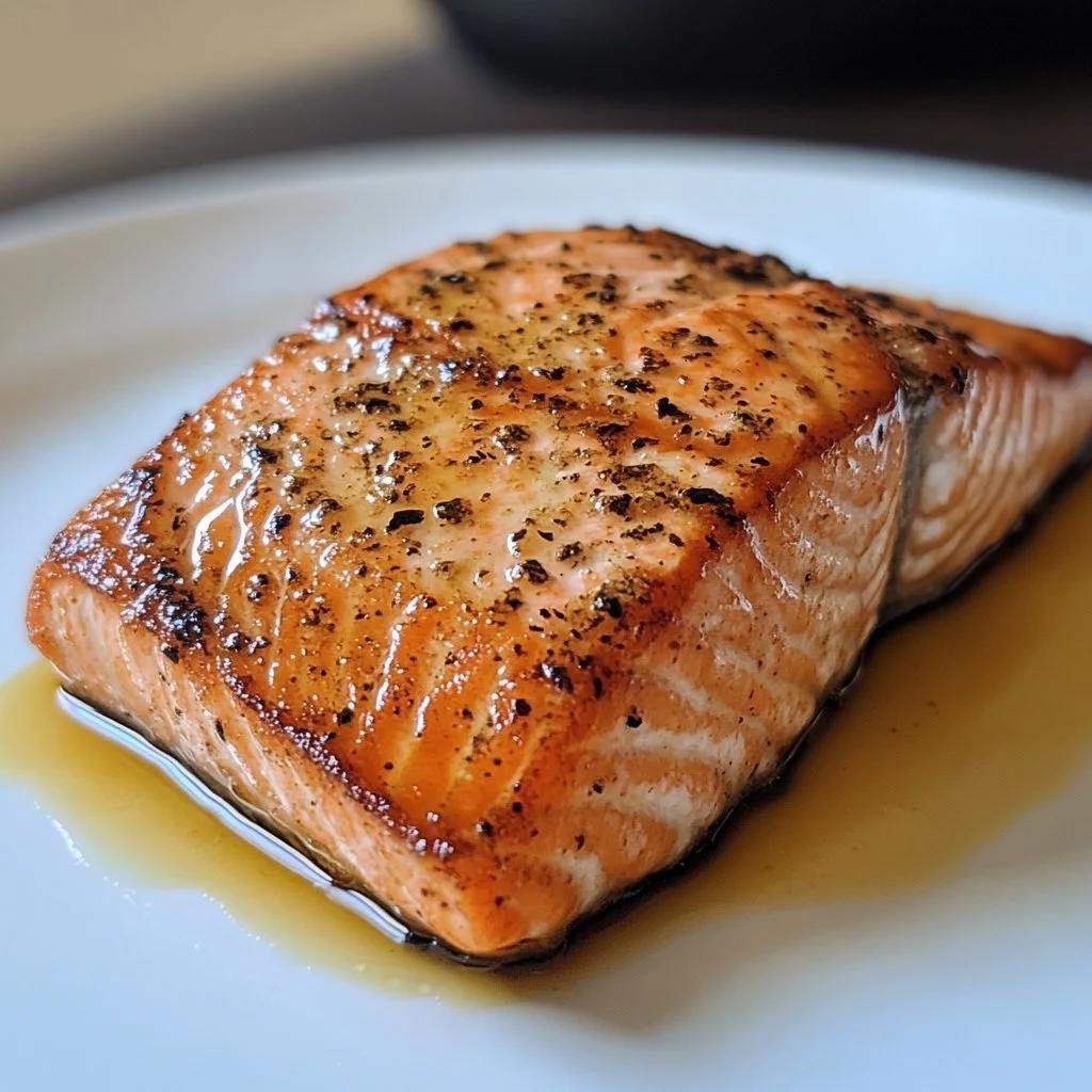 Delicious pan seared salmon with herbs and lemon on a plate