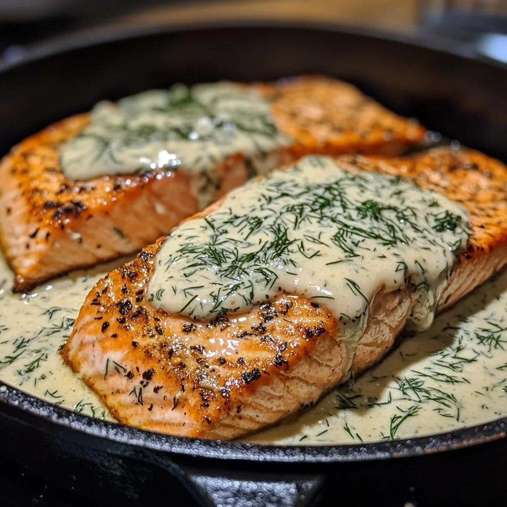 Pan-seared salmon fillet with creamy dill sauce on a plate