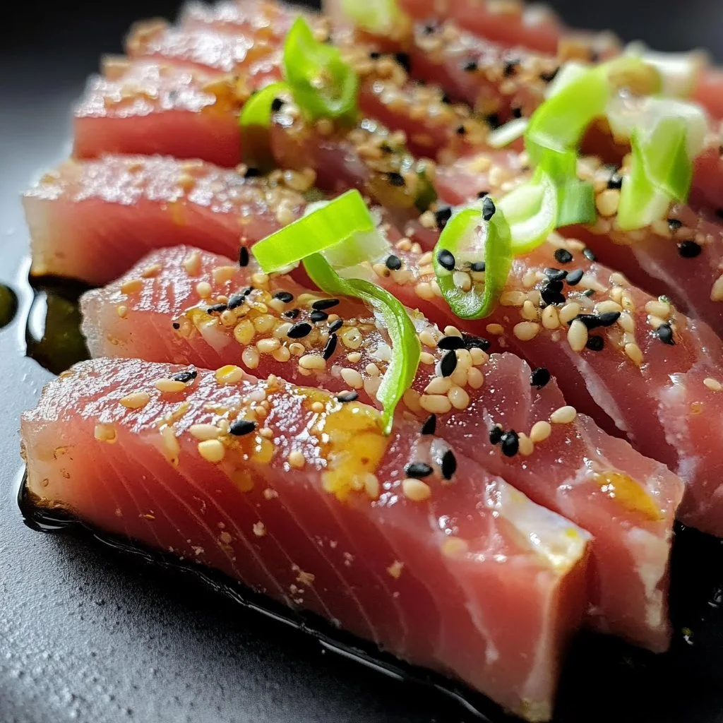 Perfectly cooked tuna steak ready to serve with a delicious garnish.