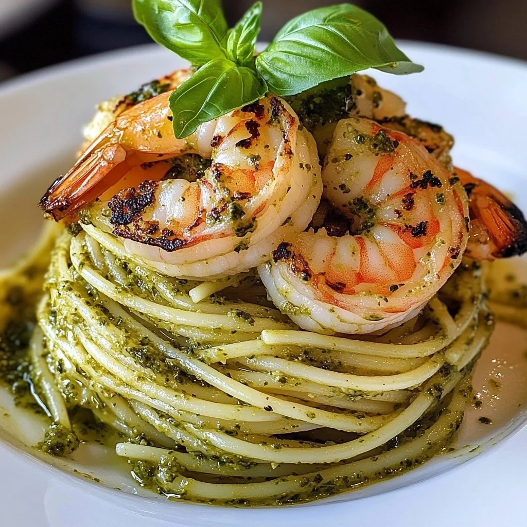 Pesto Pasta dish layered with grilled shrimp for a delicious stack recipe.